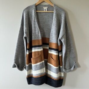 Vici Women's Large Striped Grey Sweater Cardigan